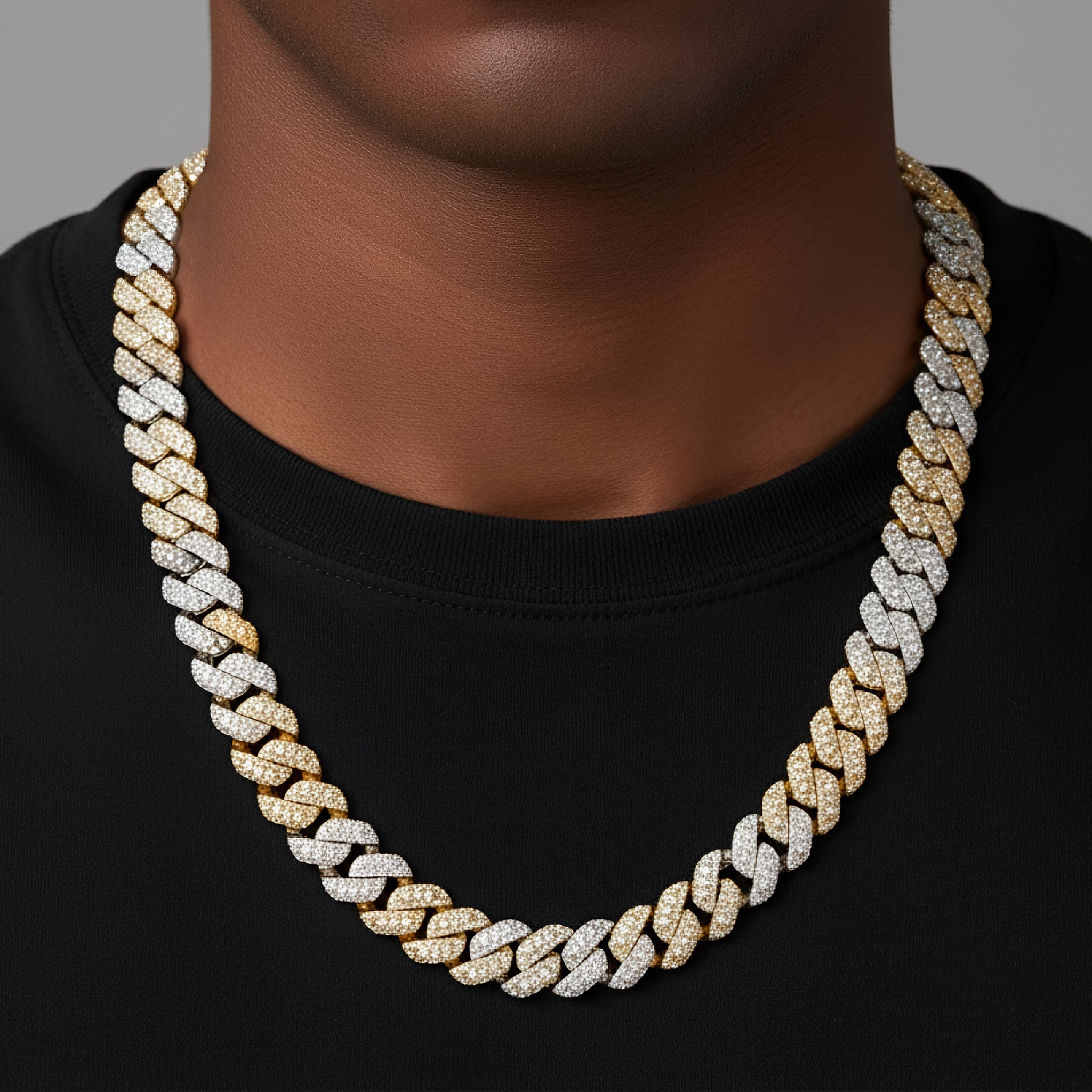 MOISSANITE Cuban Link Necklace 10mm 2 Tone Gold 925 Sterling Silver 22" Chain